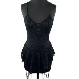 ADONNA Black Floral Lace Semi-Sheer Lingerie Babydoll Sleep Dress Ruffle Hem S
